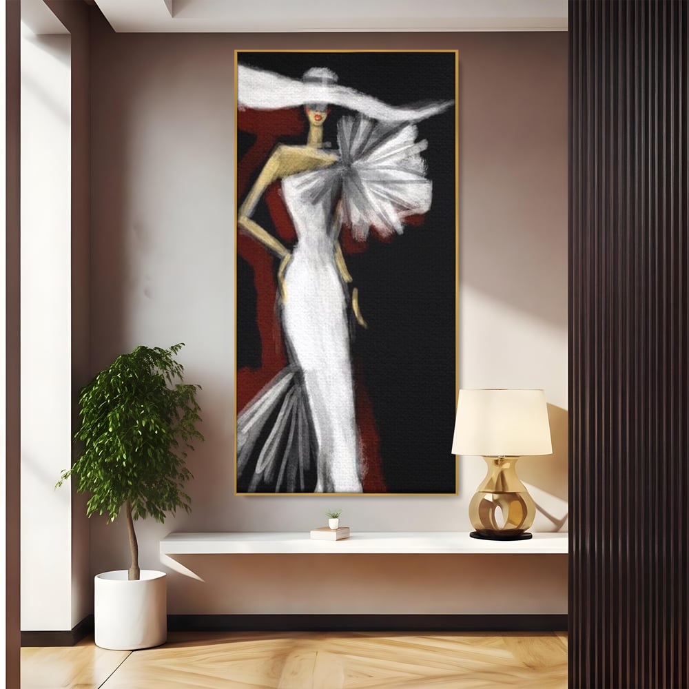 Tablou canvas cu ilustratie cu manechin in rochie alba, in rama de aluminiu auriu